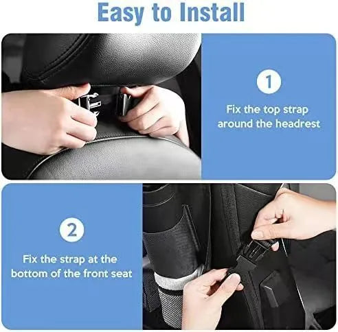 Black oxford cloth car seat back organiser bag with hanging buggy measuring 42x30cm