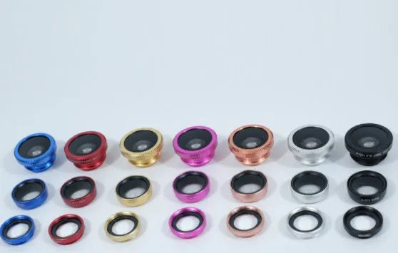 Smartphone fisheye and macro lens kit with universal clip in multiple colours including black, silver, and rose gold.