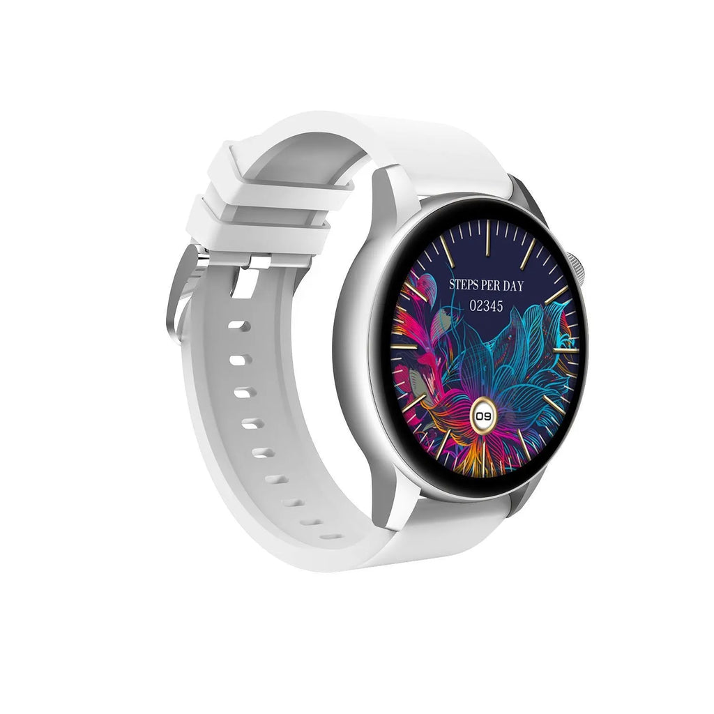 Black smart watch with 1.30-inch colour screen on a wrist, showing a watch face.
