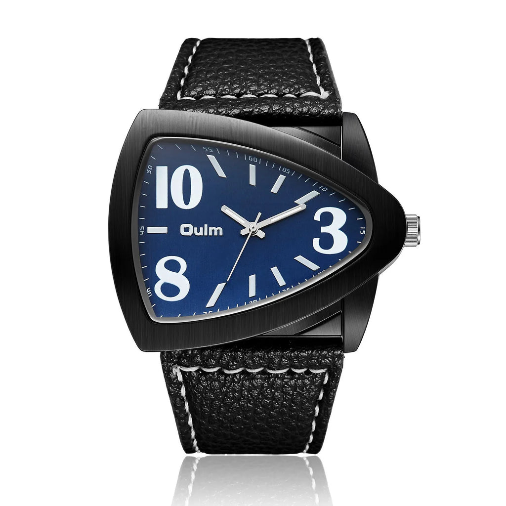 Men's brown casual quartz watch with a triangle belt on a wrist, showing slim 9mm profile.