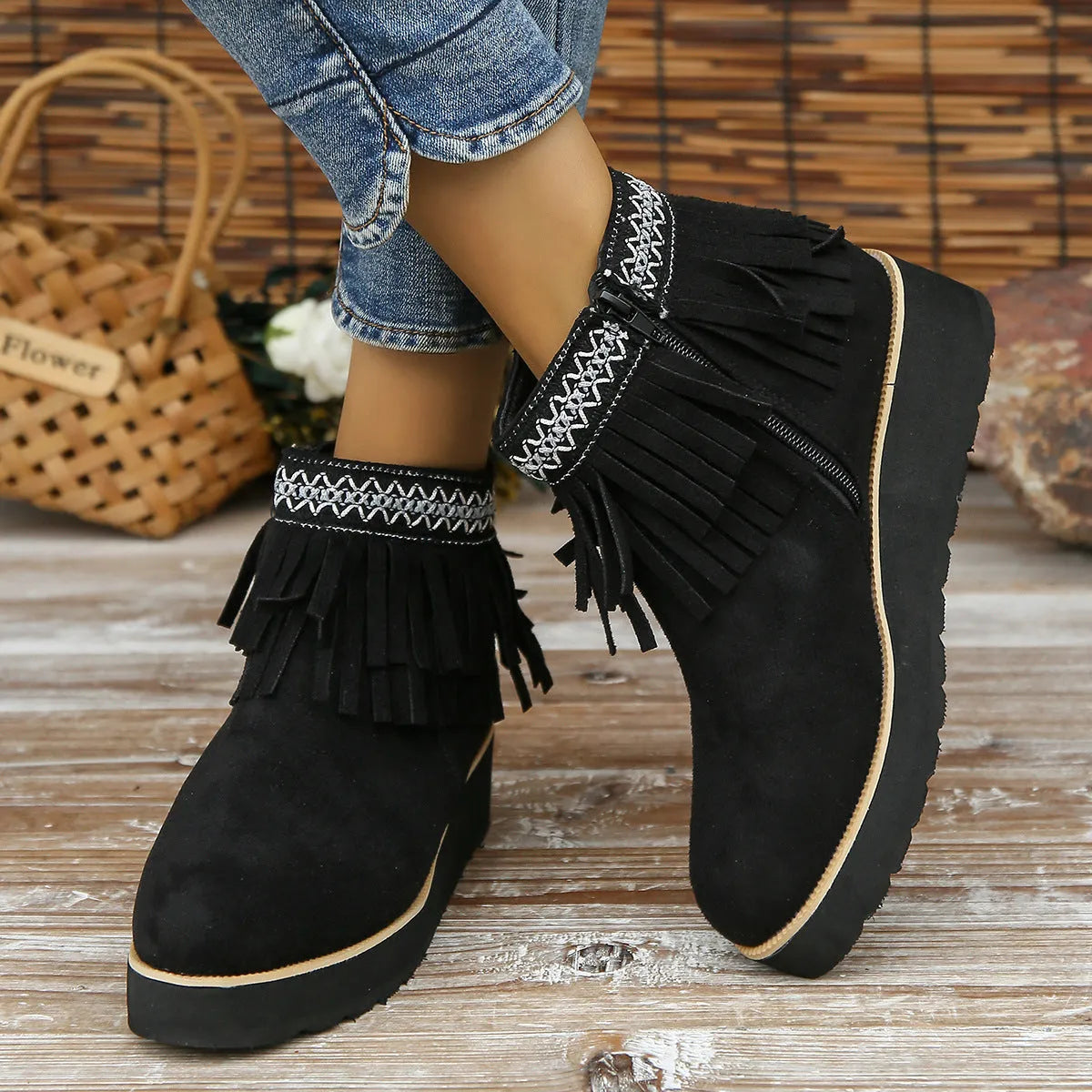 Women's suede wedge ankle booties with side zipper and thick rubber sole in black colour