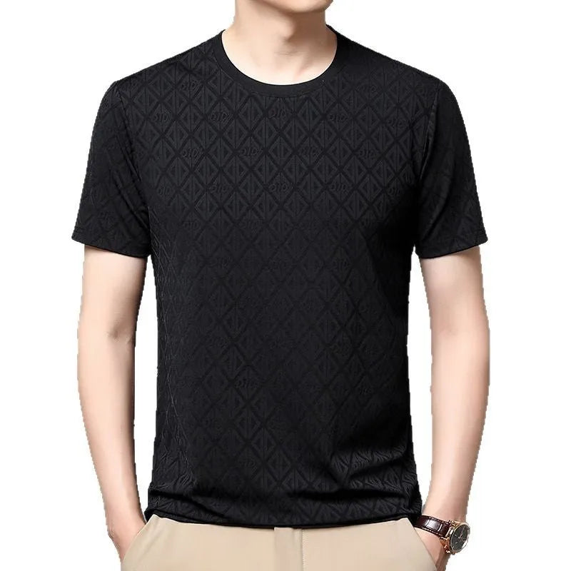 Men's loose fit ice silk polyester T-shirt in black, blue, dark green and caramel colours