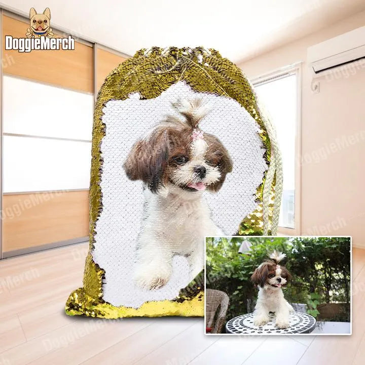 Custom sequins backpack with pet photo print in purple gold or silver with drawstring closure