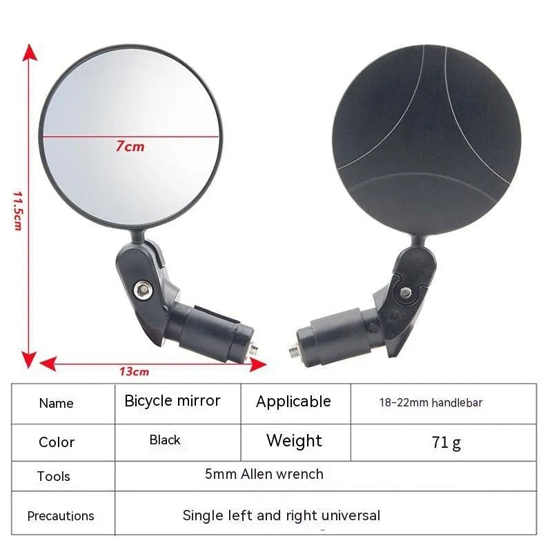Black foldable convex rearview mirror showing 7cm diameter and rotating joint.