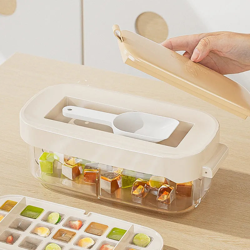 High capacity food grade ice cube tray in blue with integrated ice shovel storage slot