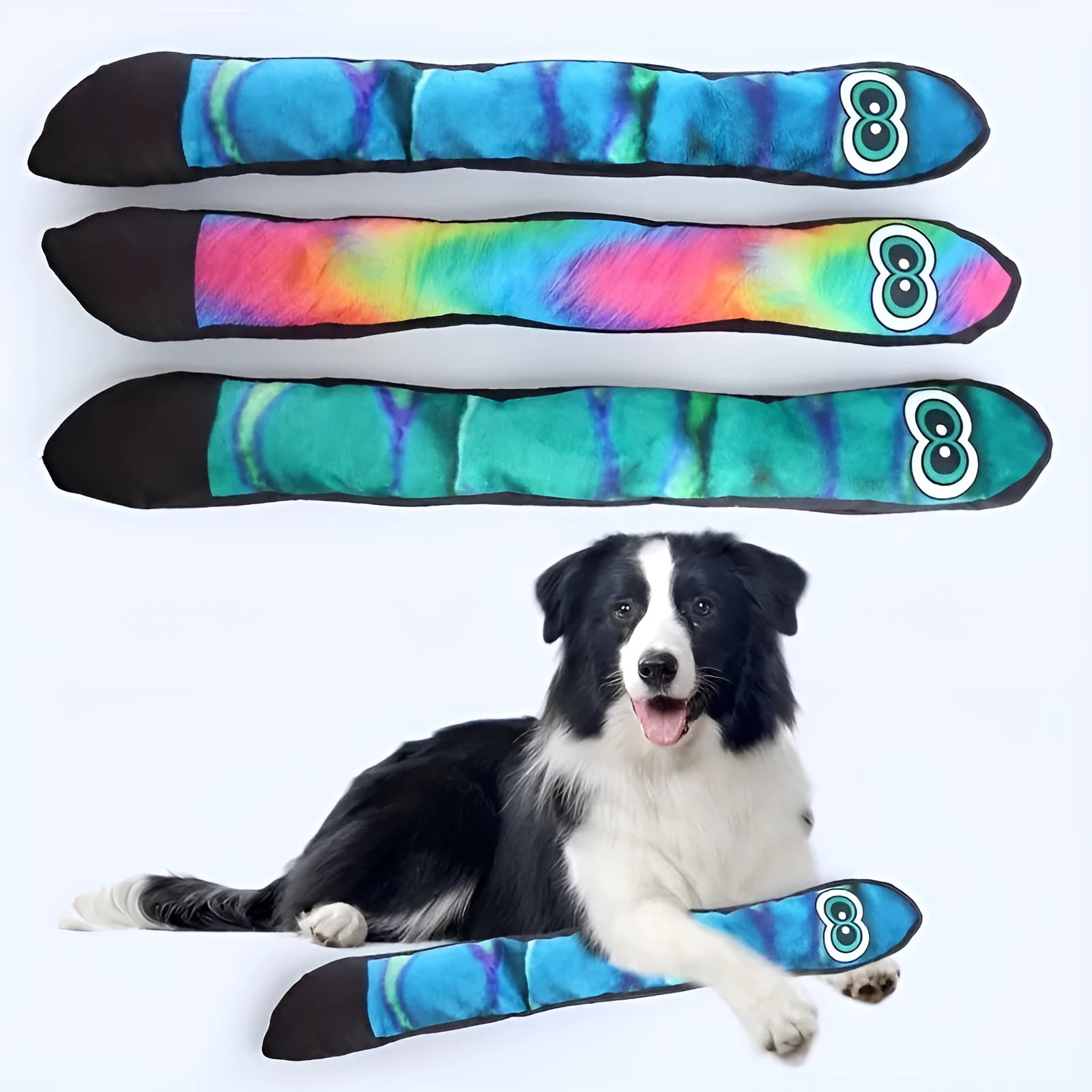 Snake shaped plush dog squeaky toy with blue and green stripe print design