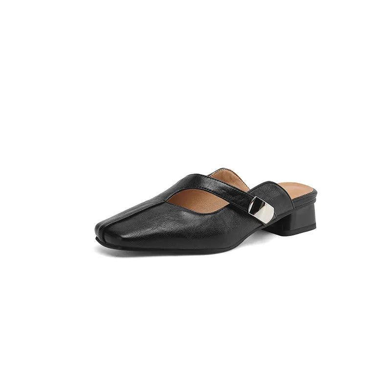 British style square toe outdoor slippers in artificial PU with rubber sole