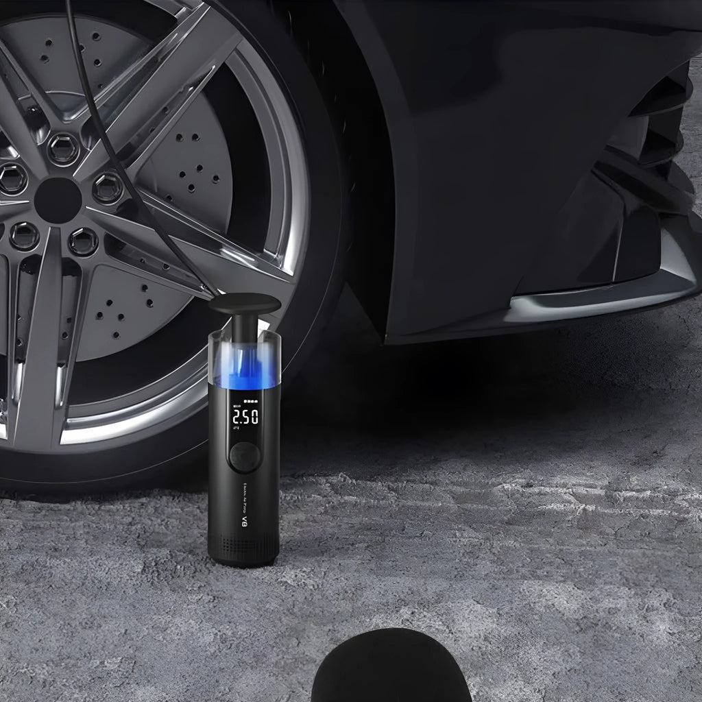 CS-V8 model electric tyre inflator pump with long black air hose and digital pressure gauge