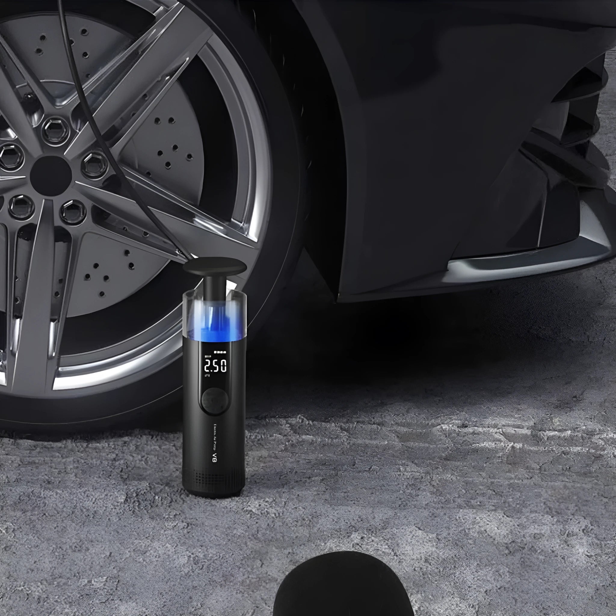 CS-V8 model electric tyre inflator pump with long black air hose and digital pressure gauge