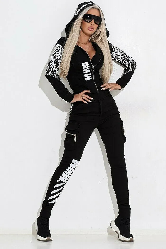 Black women's casual suit with wings print on hooded zip-top and matching trousers.