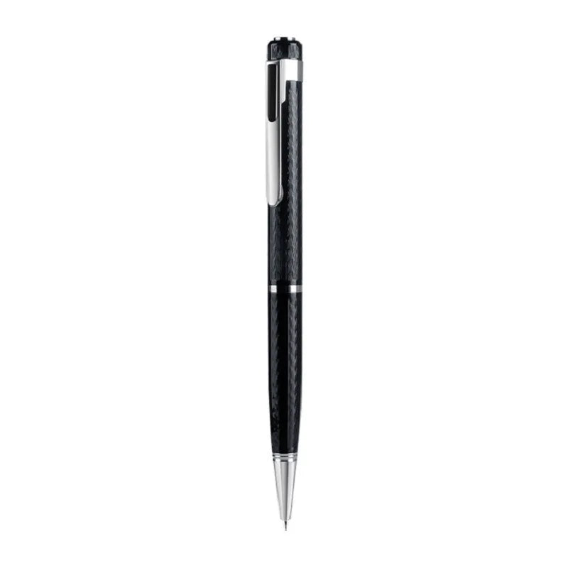 Black pen-shaped digital voice recorder with zinc alloy shell next to included headset and data cable.
