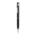 Black pen-shaped digital voice recorder with zinc alloy shell next to included headset and data cable.