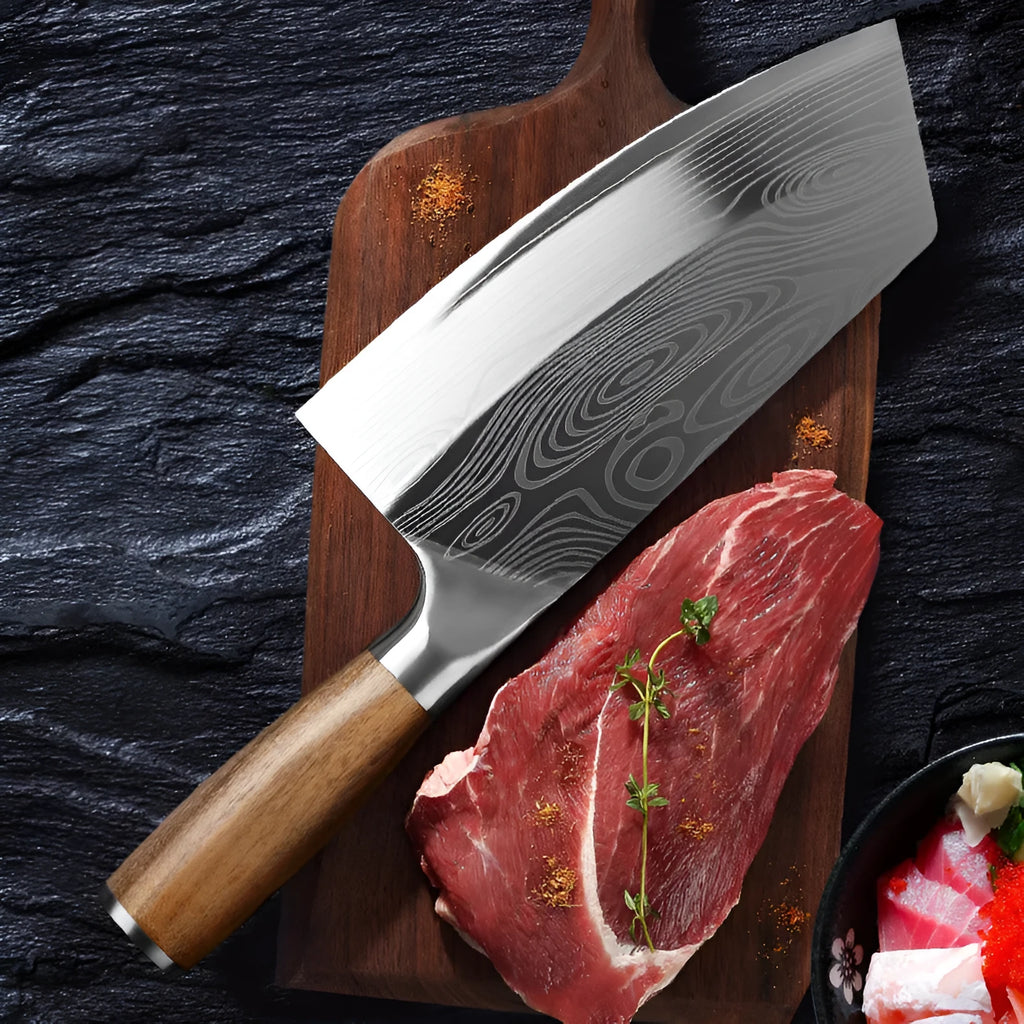 Stainless steel kitchen knife with 320mm blade on a kitchen counter