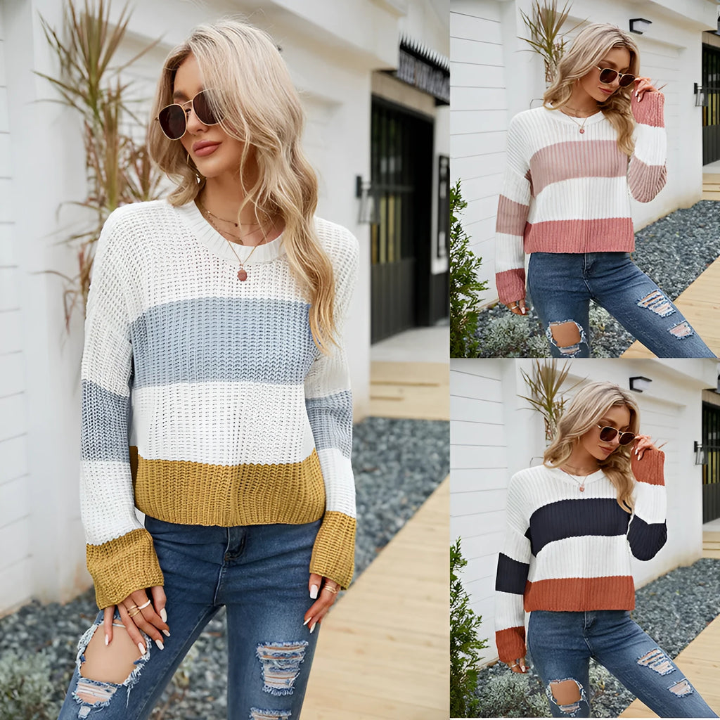 Women's short striped pullover sweater with loose fitting design in acrylic fabric