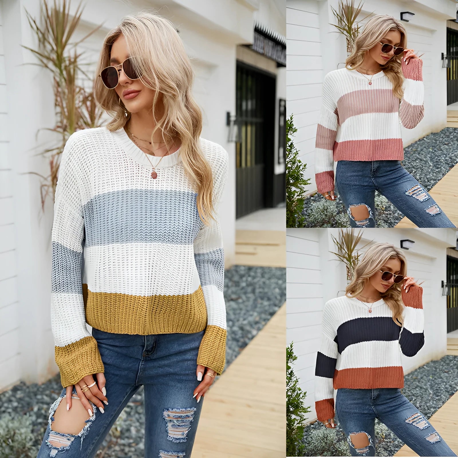 Women's short striped pullover sweater with loose fitting design in acrylic fabric