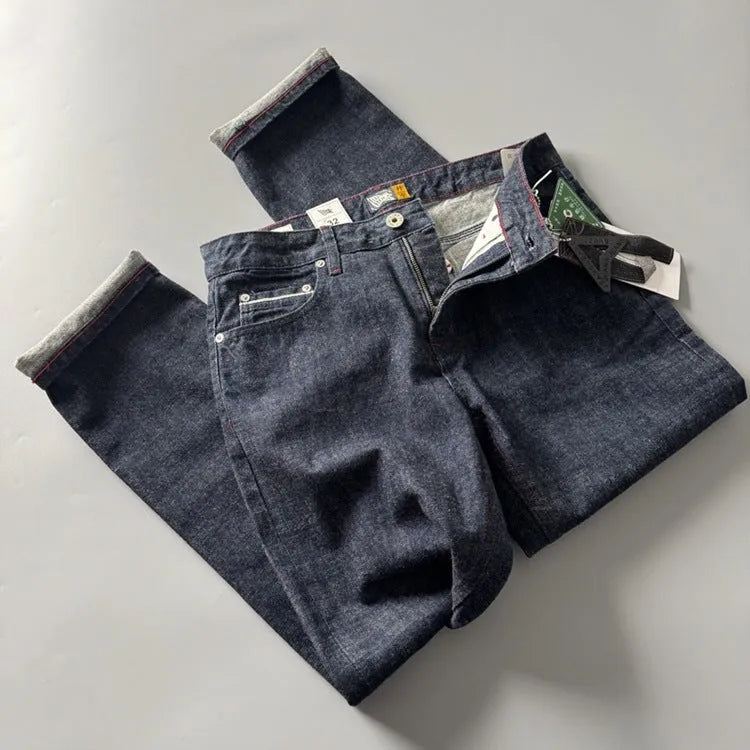 Men's straight-leg denim trousers in primary colour with mid-waist design and classic American retro styling