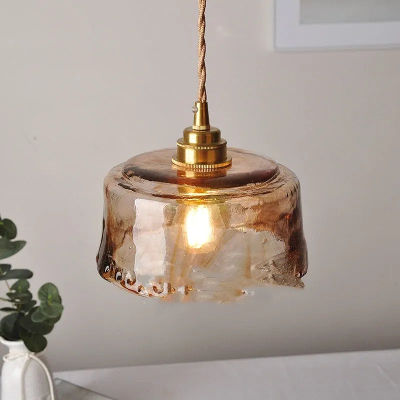 Nordic retro brass chandelier with glass shades and B-arm design for restaurant pendant lighting