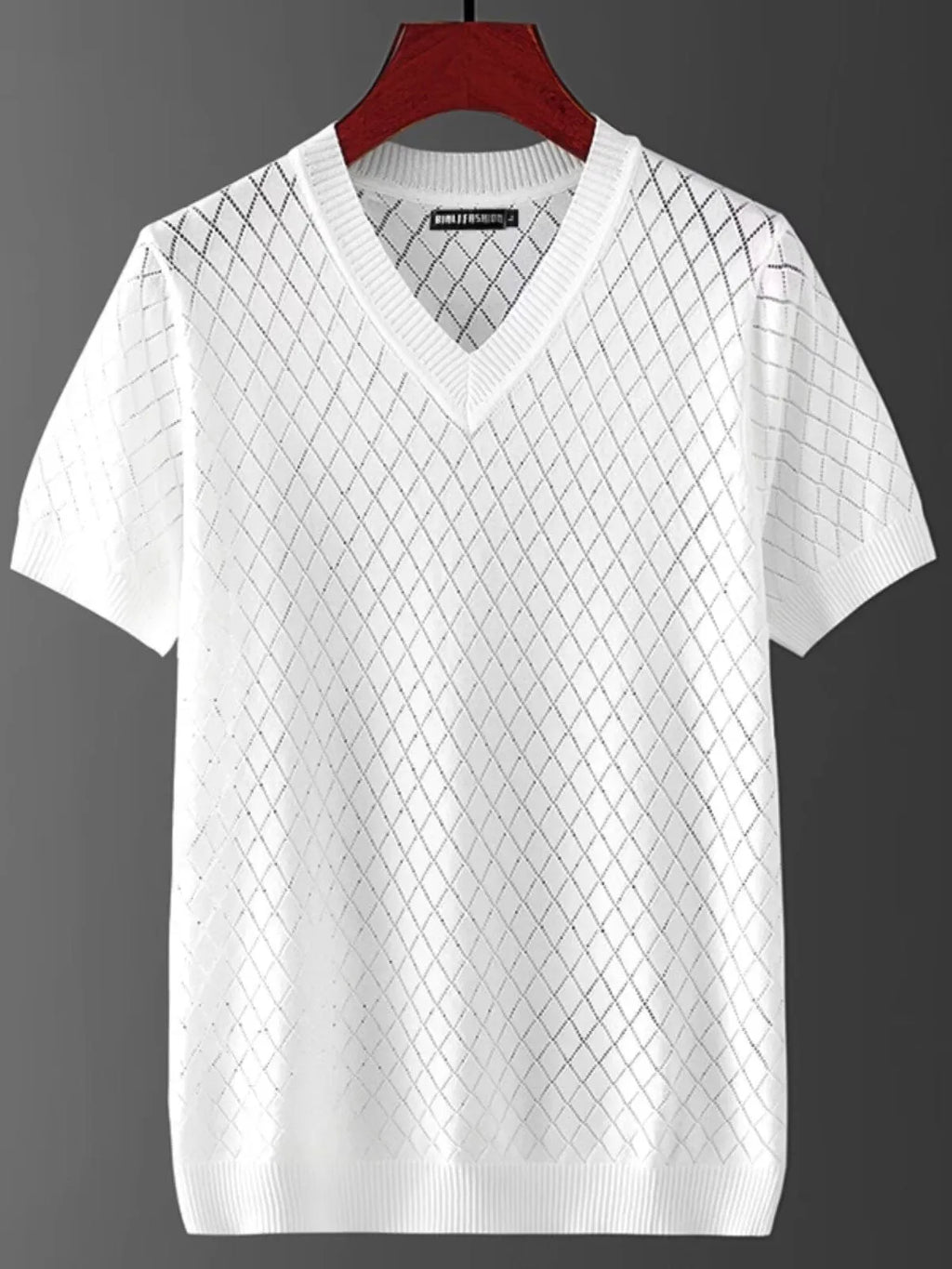 Men's plus size ice silk V-neck T-shirt with cut-out detail in black or white