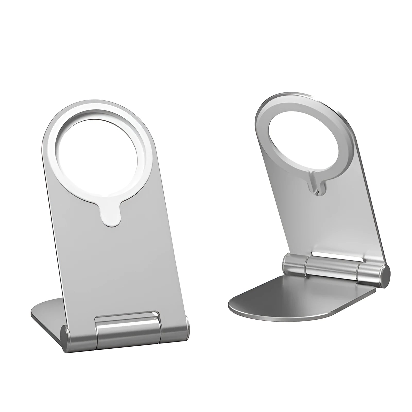 Silver vertical adjustable magnetic phone bracket for iPhone 12 on white background