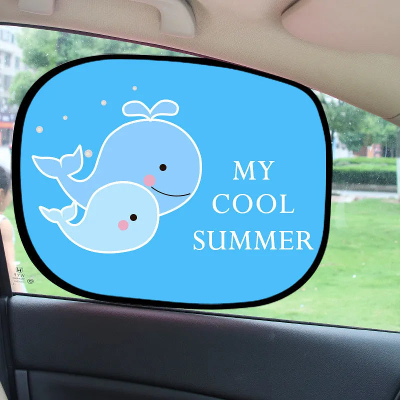 Pair of electrostatic cling animal-themed car sunshades made from nylon mesh for side windows.