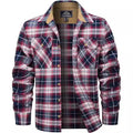 Men's polyester flannel button shirt with plaid pattern in multiple colour options showing button-front design