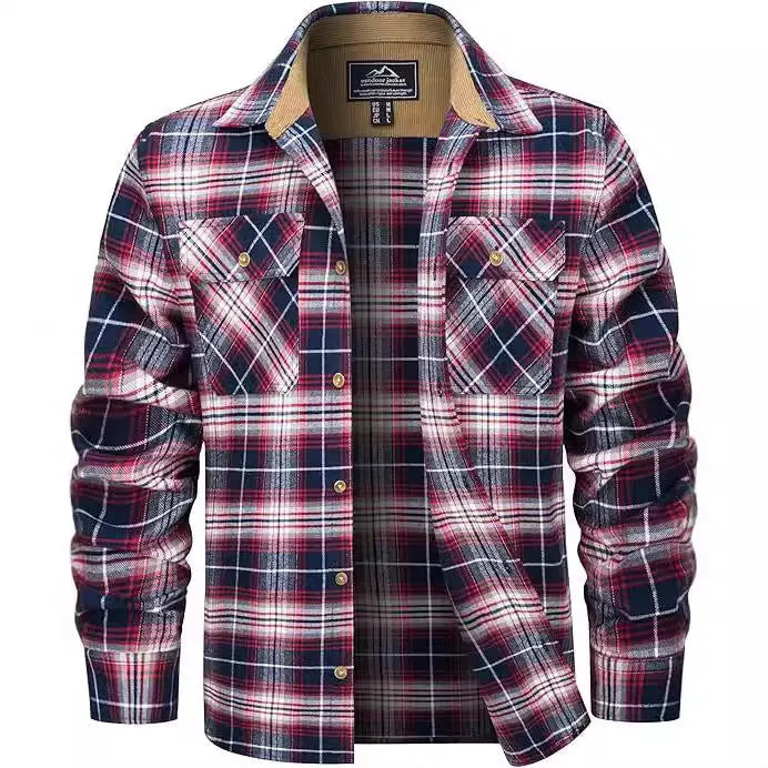 Men's polyester flannel button shirt with plaid pattern in multiple colour options showing button-front design