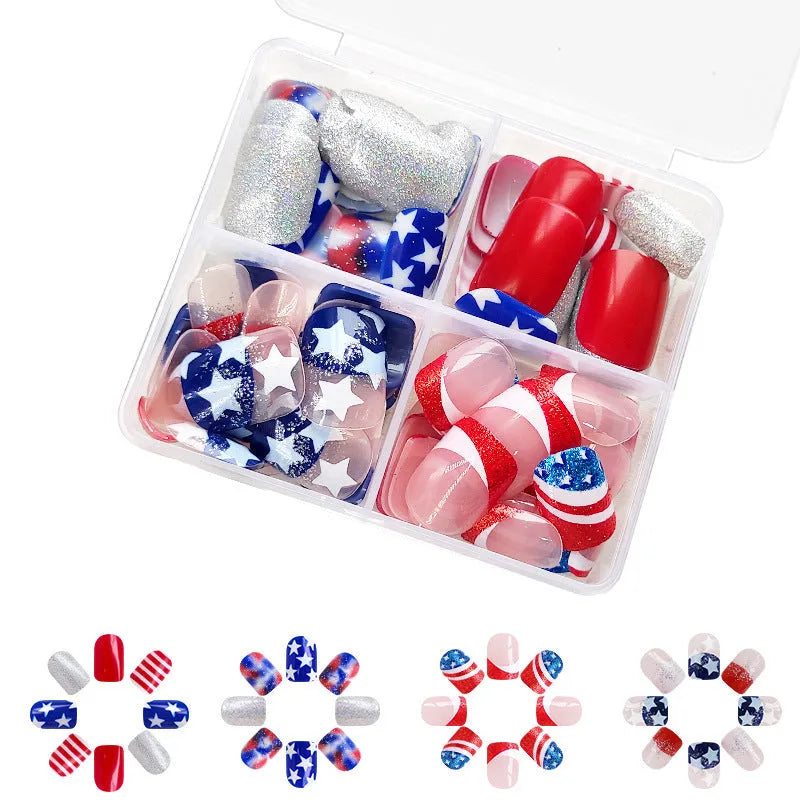 Independence Day combination nail art stickers with American five-pointed star patterns in short European square style