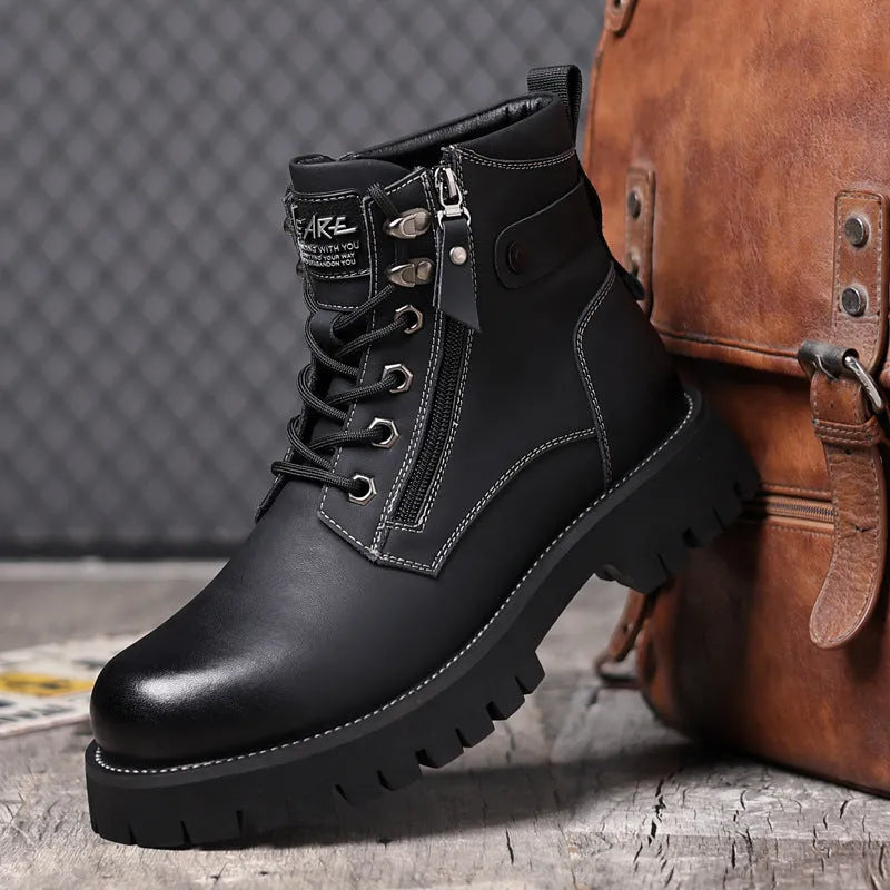 Men's brown leather high-top Martin boots with side zipper and round toe.