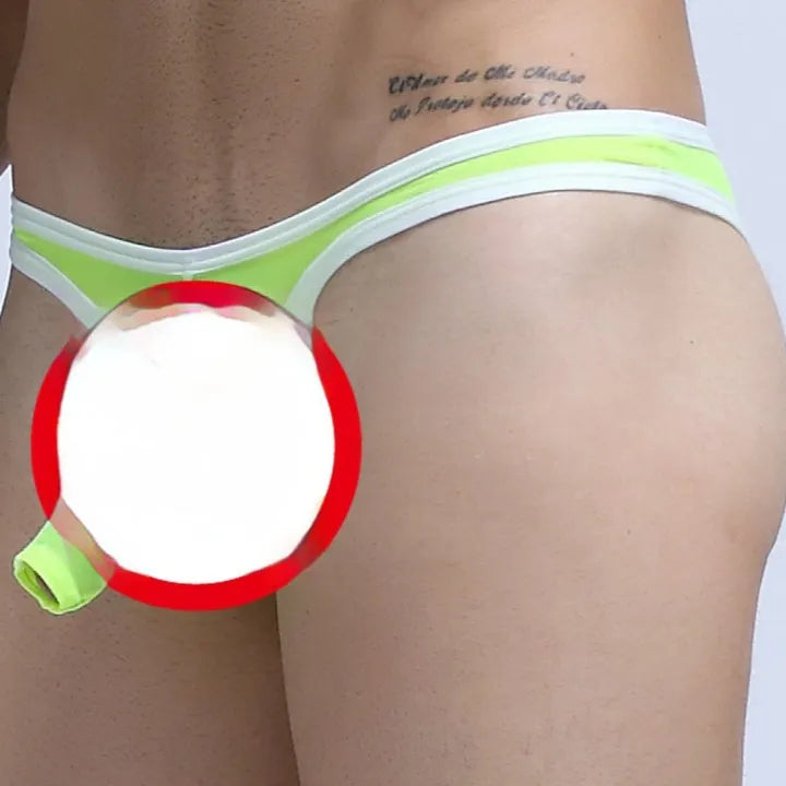 Men's ice silk briefs with elephant trunk pouch in seven colour options showing size tags