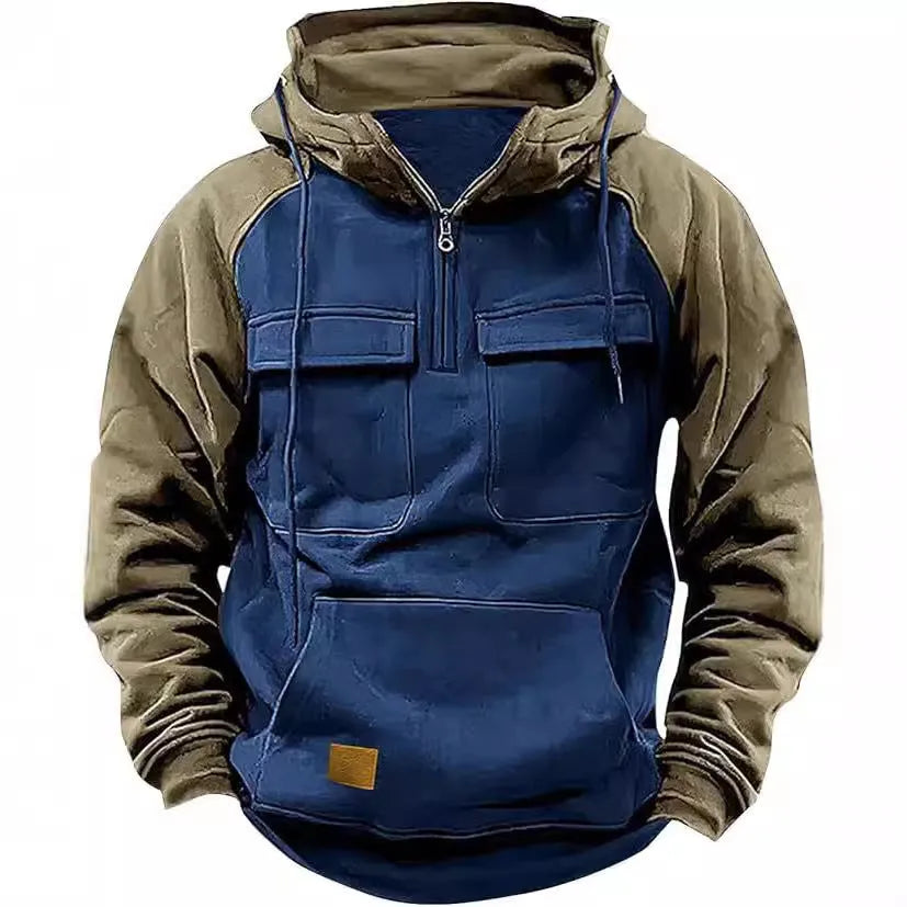Men's retro cargo hoodie half zip fleece sweatshirt with multi pockets in solid colour