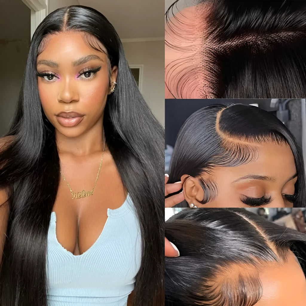 13x6 straight lace front human hair wig in black with natural hairline