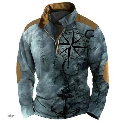 Men's loose fit long sleeve T-shirt with retro colour printing and zip details on striped fabric
