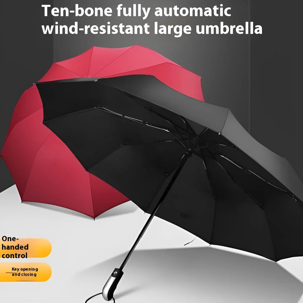 Black triple folding automatic business umbrella with steel ribs and a rubber handle.