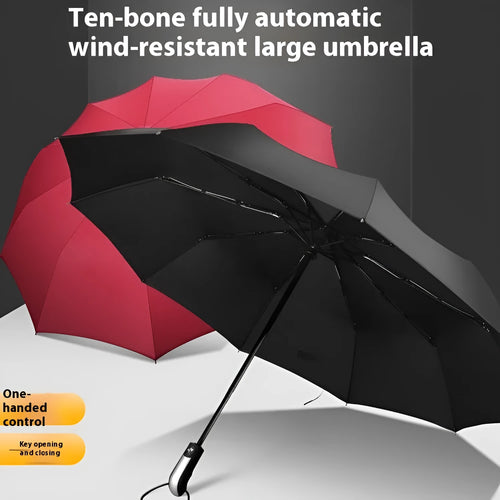 Black triple folding automatic business umbrella with steel ribs and a rubber handle.