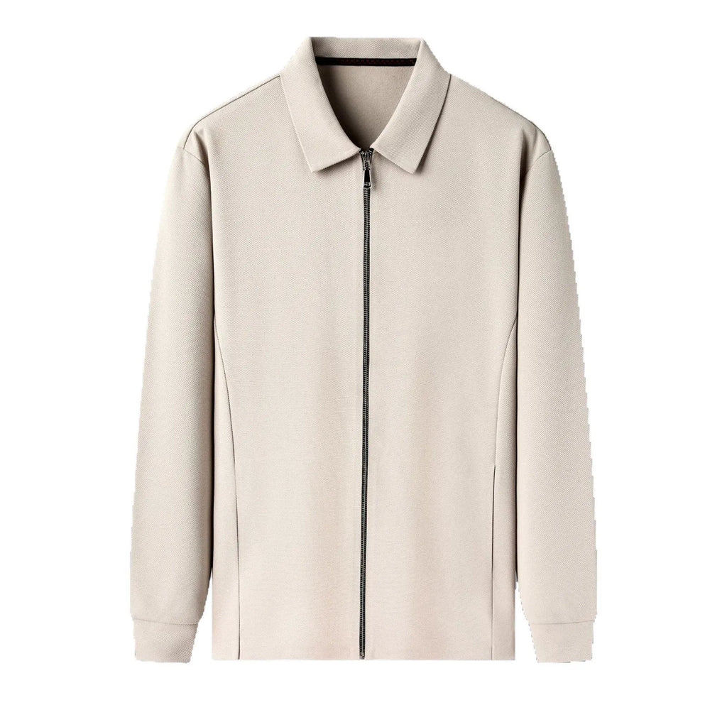 Men's apricot coloured business casual polyester jacket with straight hem on a hanger.