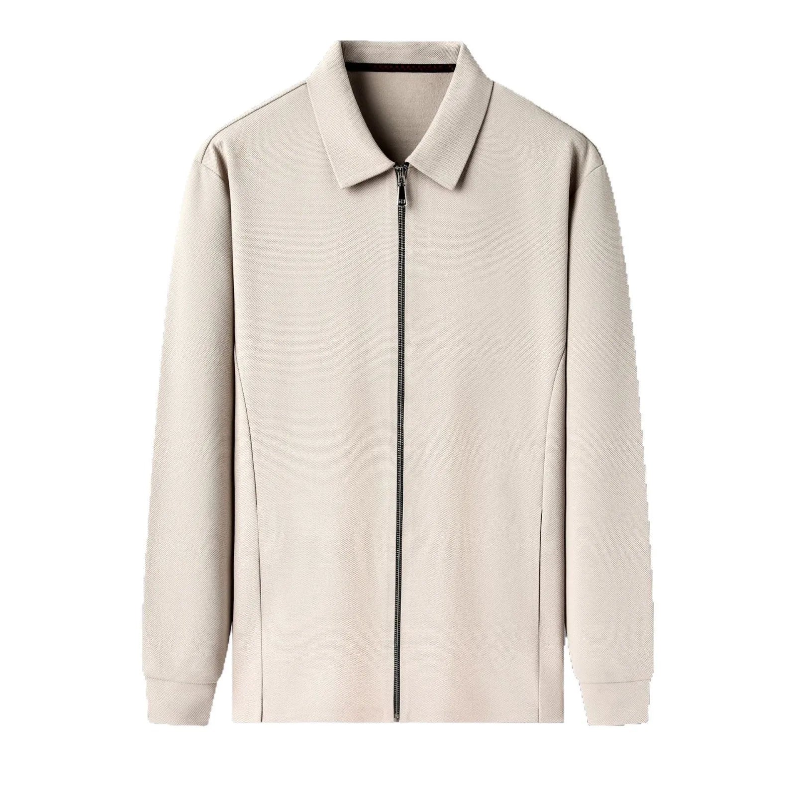 Men's apricot coloured business casual polyester jacket with straight hem on a hanger.