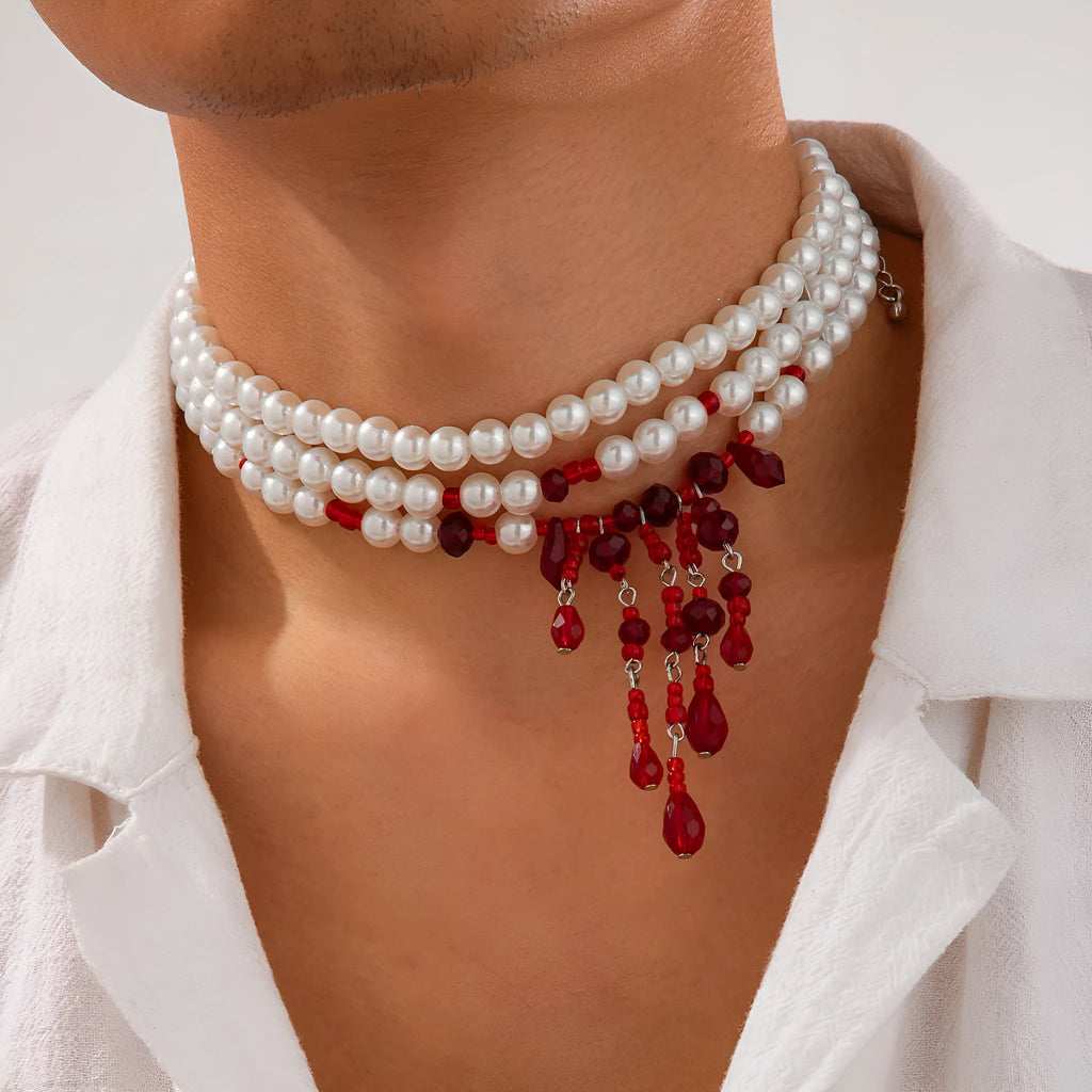 Men's Halloween necklace with geometric blood drop crystal pendant and adjustable chain