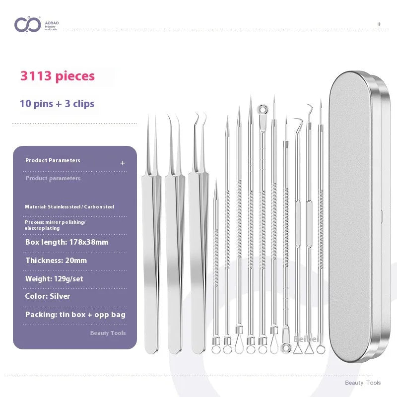 Four metal acne needles with ultra fine points stored in a black plastic clip.