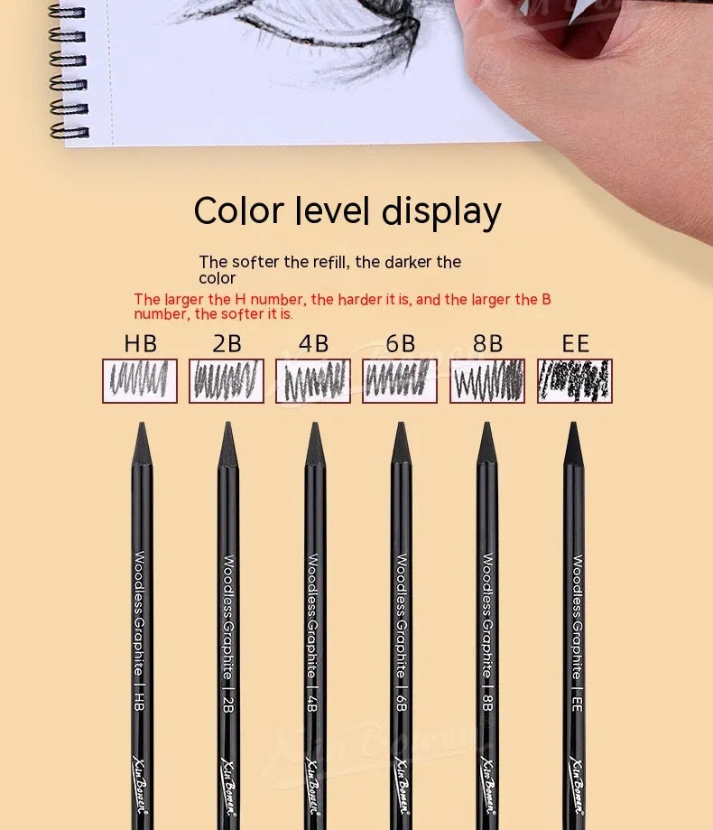 Wood-free graphite sketching pencil set with six different grades HB 2B 4B 6B 8B EE