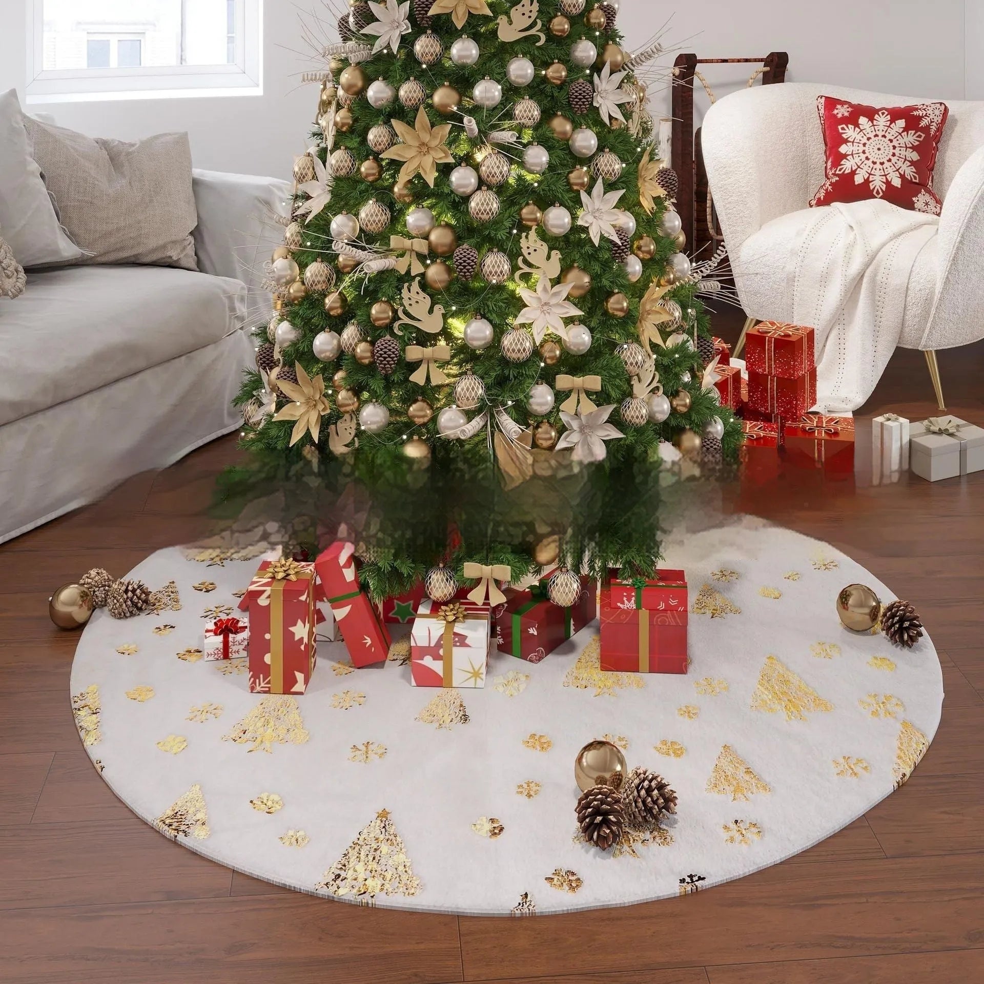 Plush Christmas tree mat with snowflake design in seasonal red and green colours