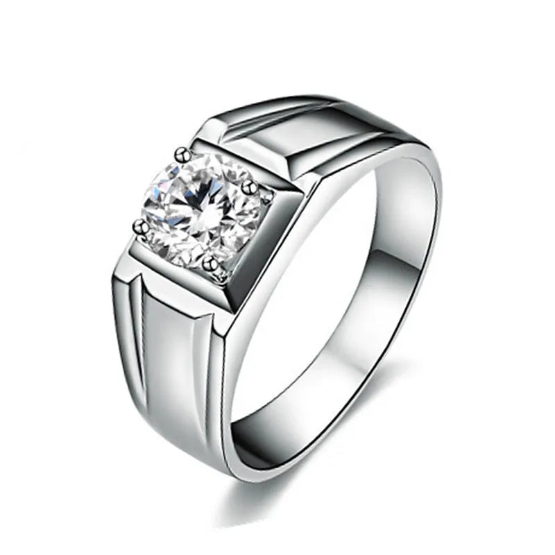 Men's large square diamond ring in copper with adjustable band, shown in gold and platinum finishes.