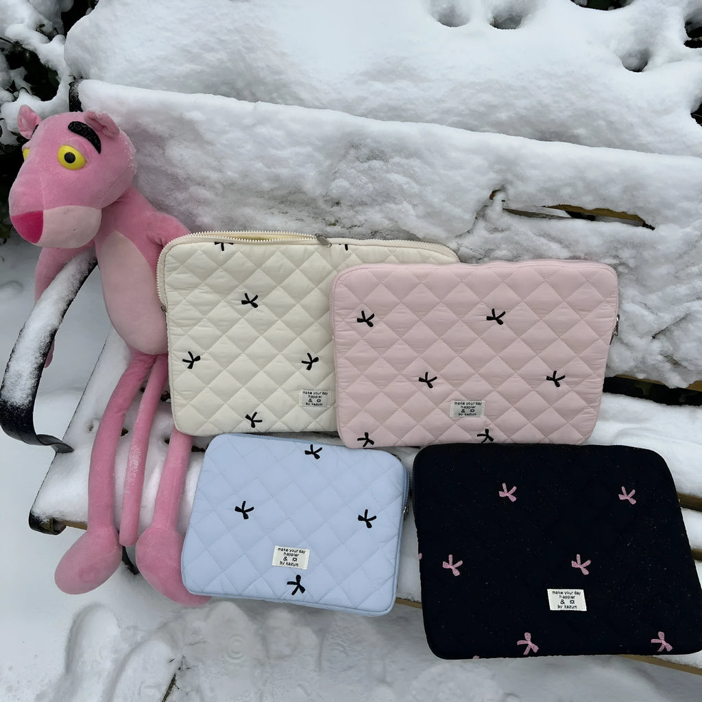 Rhombus embroidered bow laptop storage bag in nylon material with size options for 11-inch to 15.6-inch devices