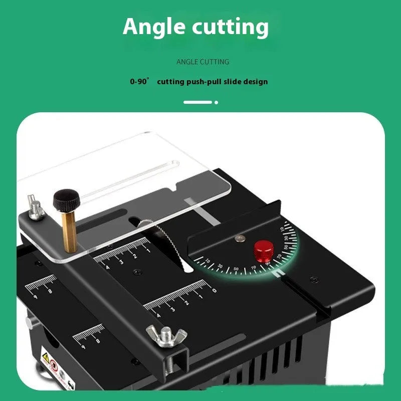 Compact lithium-ion battery desktop saw with metal construction on workbench