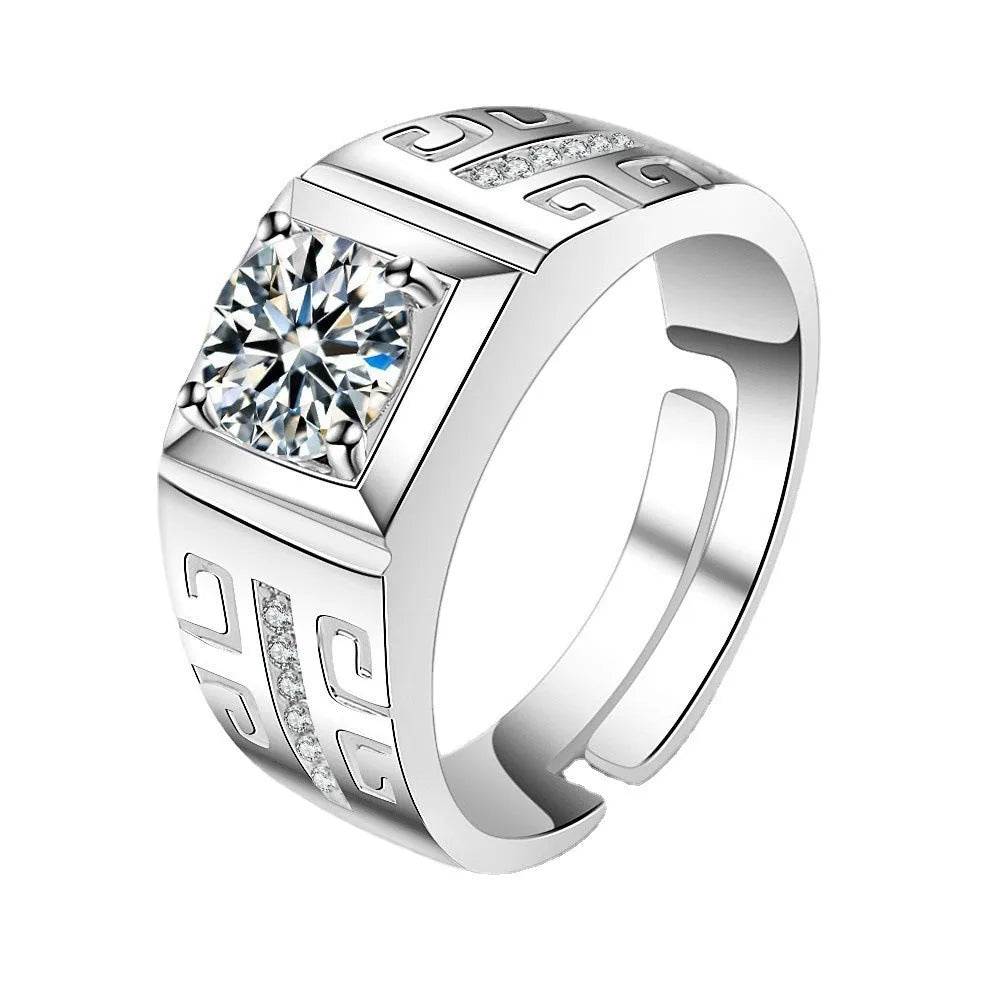 Men's large square diamond ring in copper with adjustable band, shown in gold and platinum finishes.