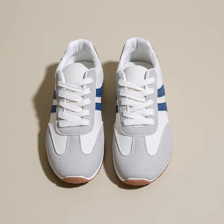 Blue and grey striped leisure sports shoes with round toe and flat rubber sole.