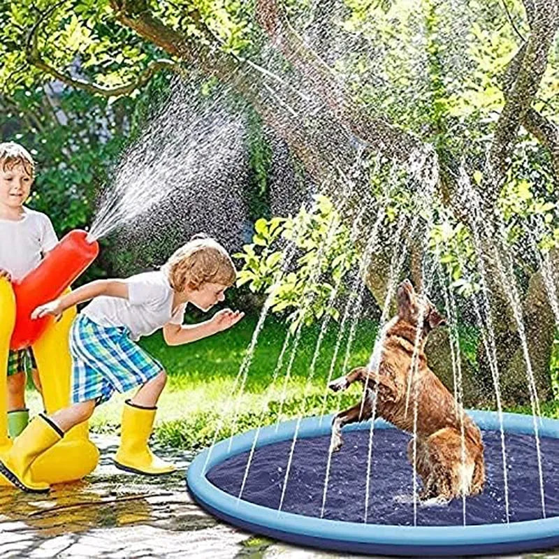 Anti-slip dog splash pad sprinkler toy on grass, showing textured PVC surface and hose connection.