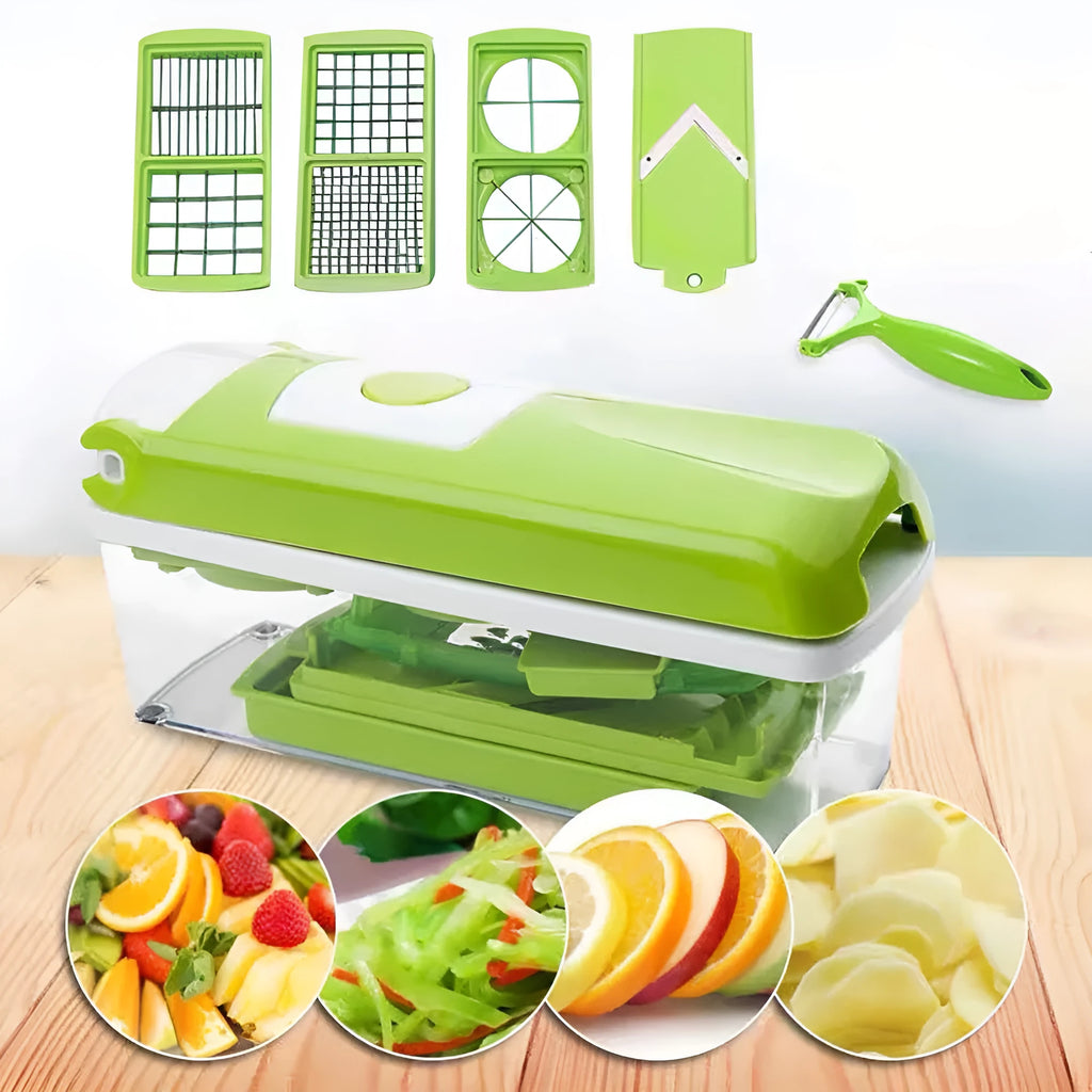 Green manual vegetable chopper with stainless steel blades and handheld design for kitchen food preparation