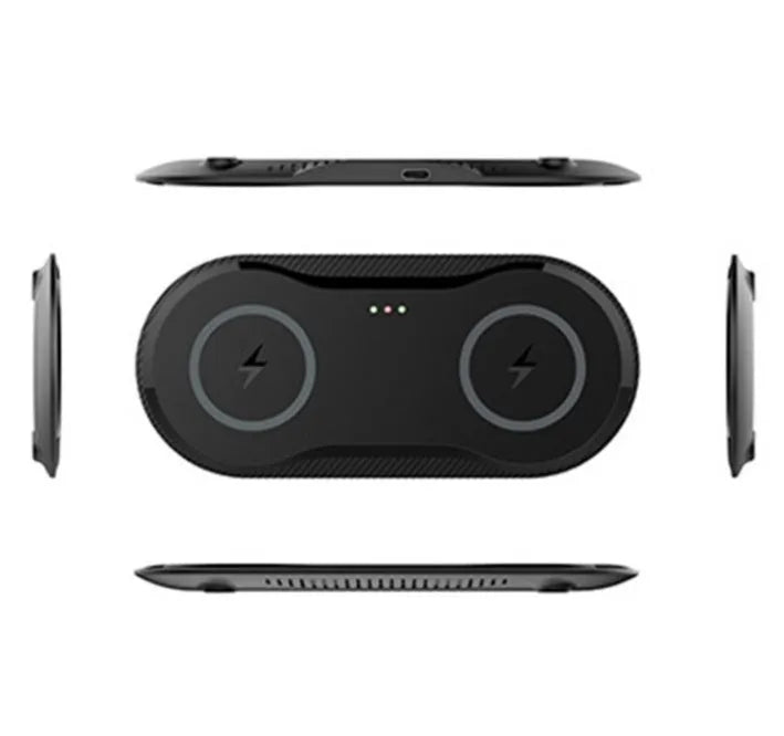 Black and white dual wireless charging pad with two smartphone charging surfaces and anti-slip silicone base