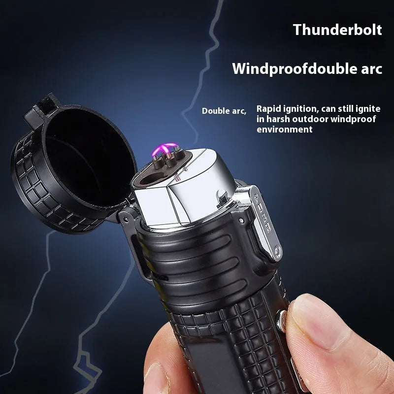 TH727 multi-function metal flashlight lighter showing colour options: black, blue, camouflage, red, yellow
