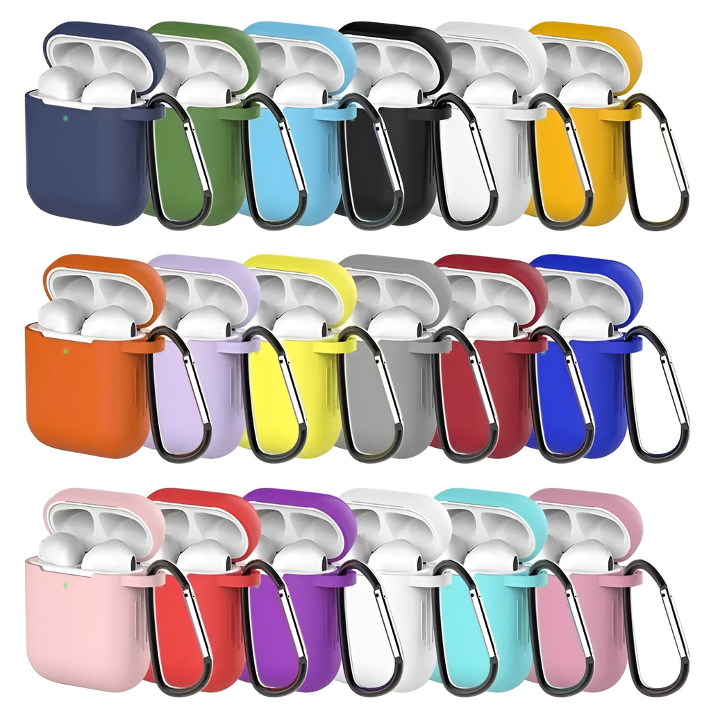 Liquid silicone clamshell-style protective cover for Apple AirPods 1 and 2 charging case in multiple colours.